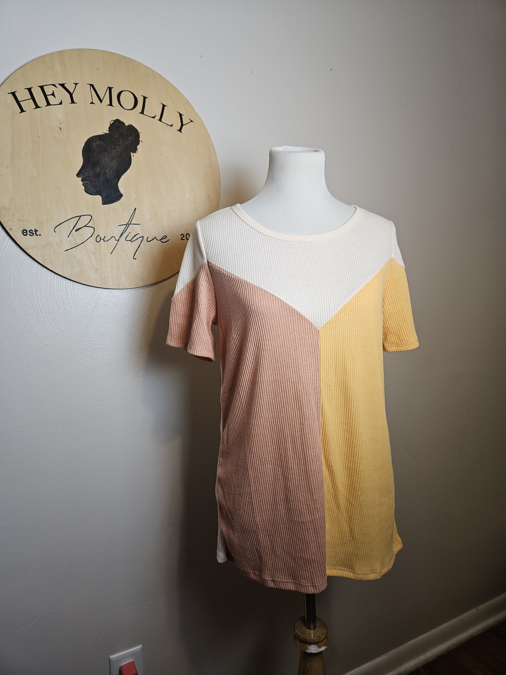 BiBi Colorblock Ribbed Short Sleeve Top - Cream, Dusty Pink & Soft Yellow